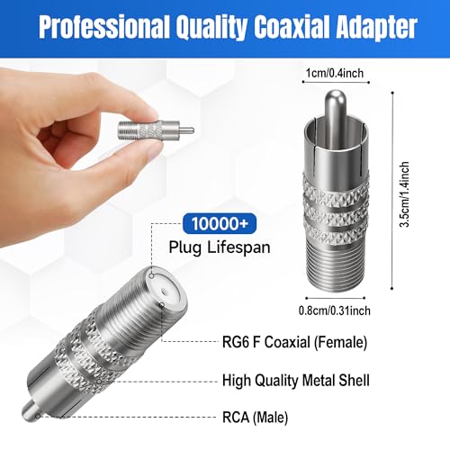 Togconn Coaxial to RCA Adapter 2 Pack, RCA Male to F Type Coax Coaxial Female Convertor Connector,Coaxial Cable Audio Connector for Subwoofer, Receiver, Game Console, TV and More - Image 2