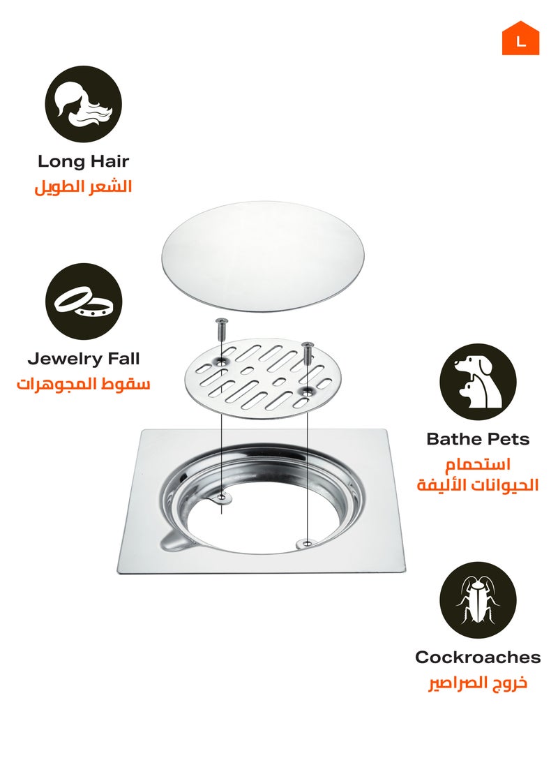 LAWAZIM - Stainless Steel Floor Drain - 15x15cm - Flat Tile Insert Drain with Anti-Clog Strainer, Secure Lid, and Hygienic Surface - Ideal for Bathrooms, Kitchens, Showers, Backyards, and Outdoor Spaces - Image 1