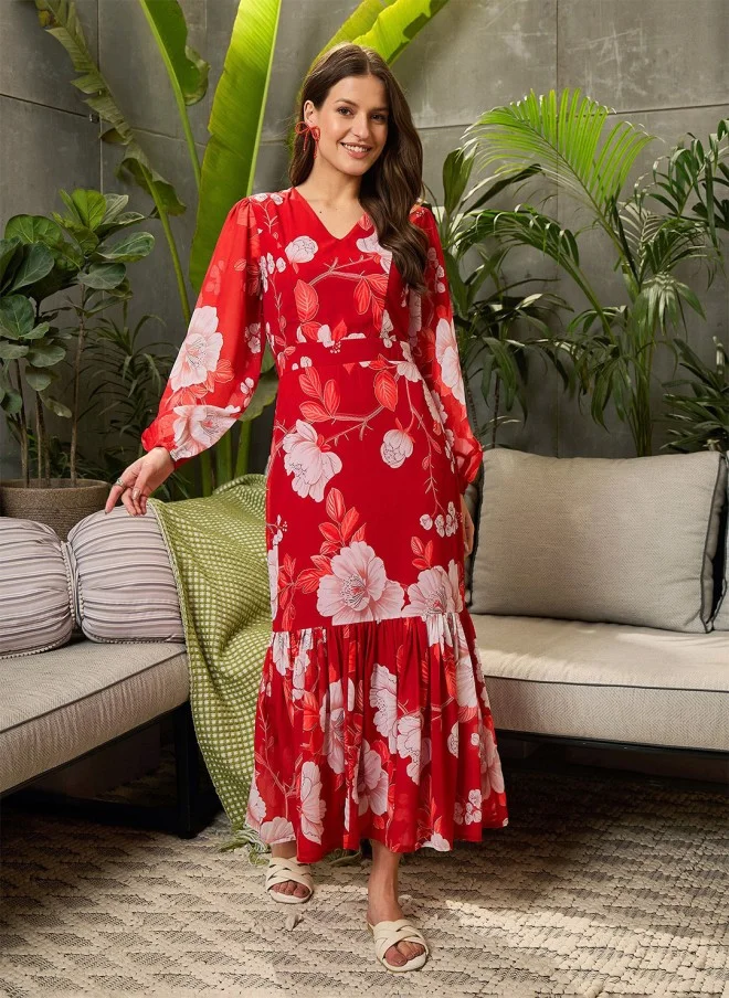 ساسافراس Floral Print Georgette Fit & Flare Midi Dress for Women
