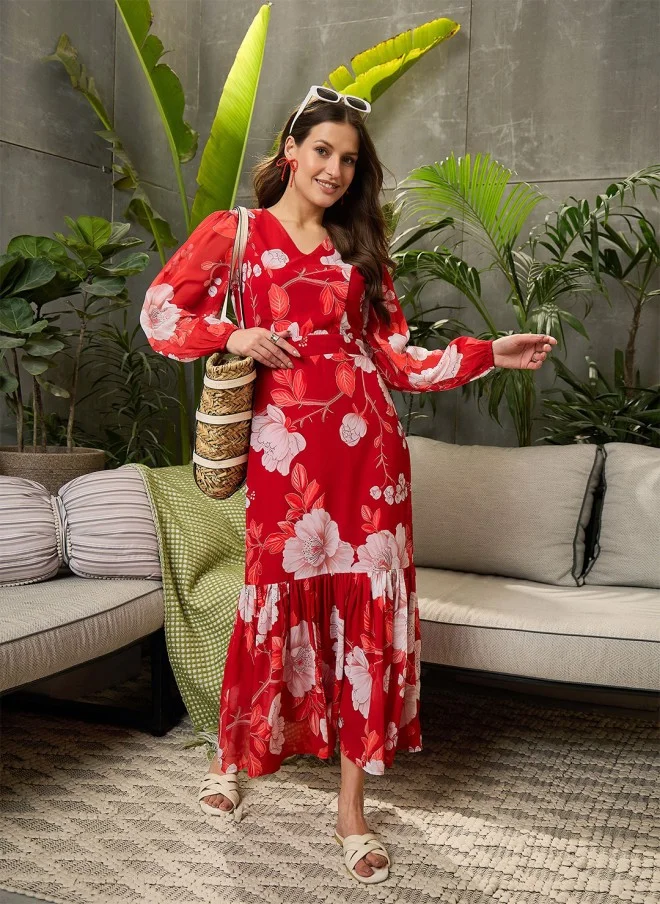 SASSAFRAS Floral Print Georgette Fit & Flare Midi Dress for Women