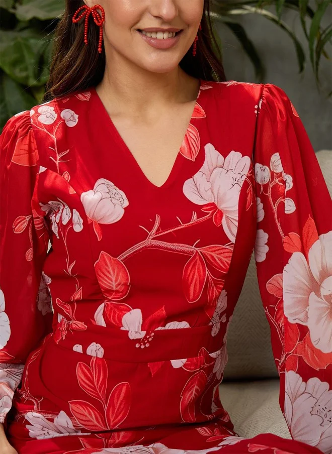 SASSAFRAS Floral Print Georgette Fit & Flare Midi Dress for Women