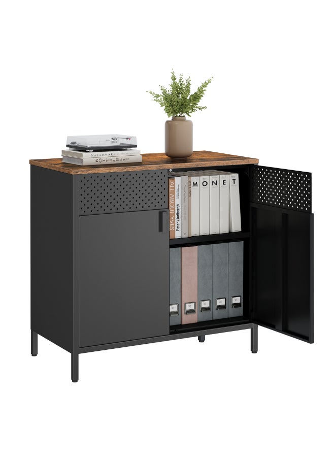 SONGMICS Storage Cabinet, Metal Cabinet with Double Doors, Magnetic Closure, Adjustable Shelf, Steel Frame, Rustic Brown and Black - Image 1