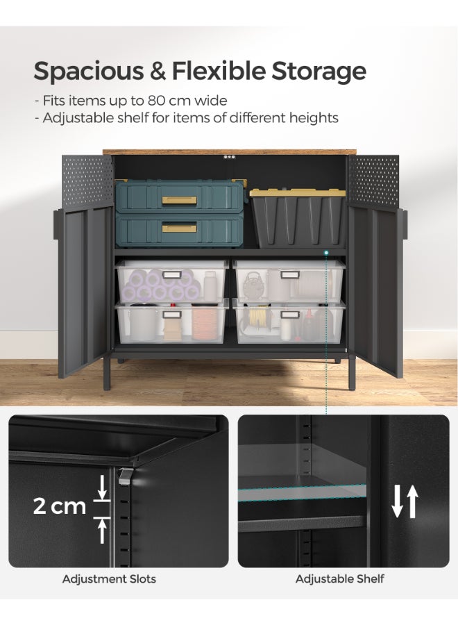 SONGMICS Storage Cabinet, Metal Cabinet with Double Doors, Magnetic Closure, Adjustable Shelf, Steel Frame, Rustic Brown and Black - Image 4