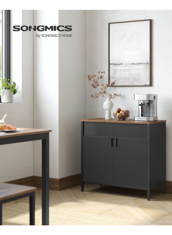 SONGMICS Storage Cabinet, Metal Cabinet with Double Doors, Magnetic Closure, Adjustable Shelf, Steel Frame, Rustic Brown and Black - Image 2