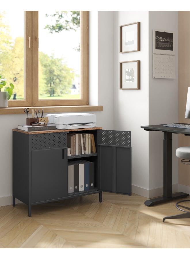 SONGMICS Storage Cabinet, Metal Cabinet with Double Doors, Magnetic Closure, Adjustable Shelf, Steel Frame, Rustic Brown and Black - Image 3