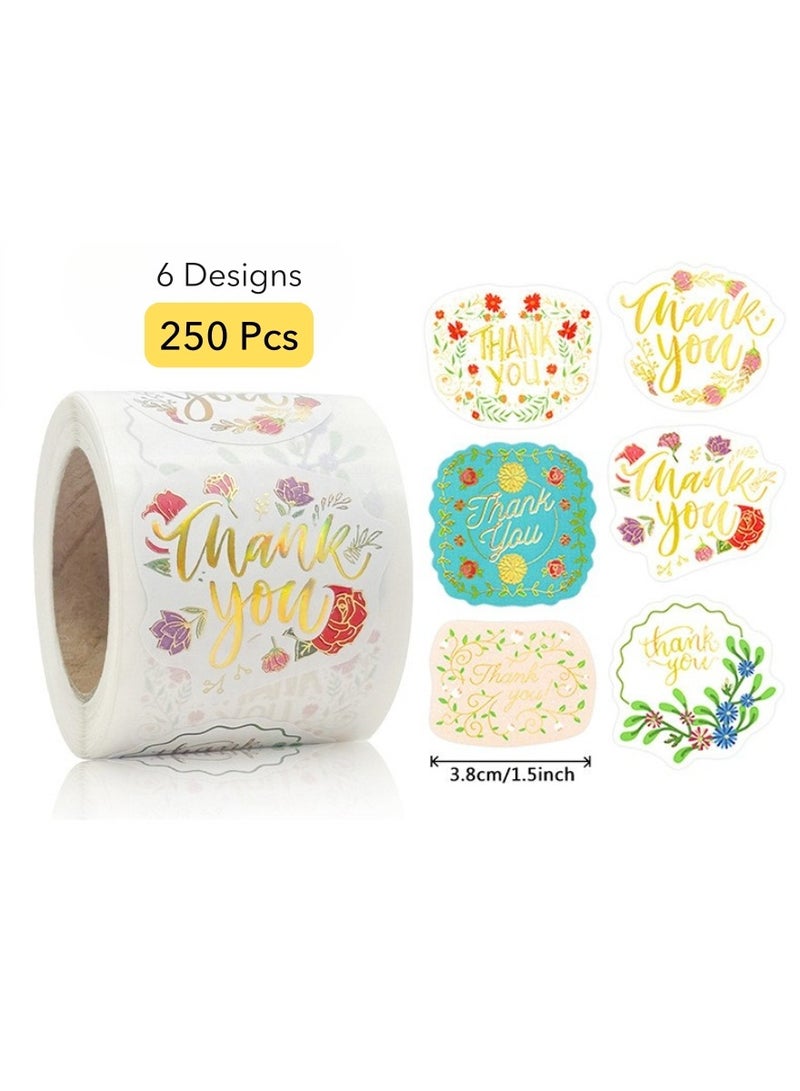Generic Floral Gold Foil Thank You Stickers Roll | 250-Piece Adhesive Labels with 6 Elegant Designs, 1.5 inch (3.8 cm), Bright Colors, Strong Stickiness, Non-Toxic & Tear-Resistant – for Gift Packaging, Weddings, Small Business & Decorative Seals  - Image 1