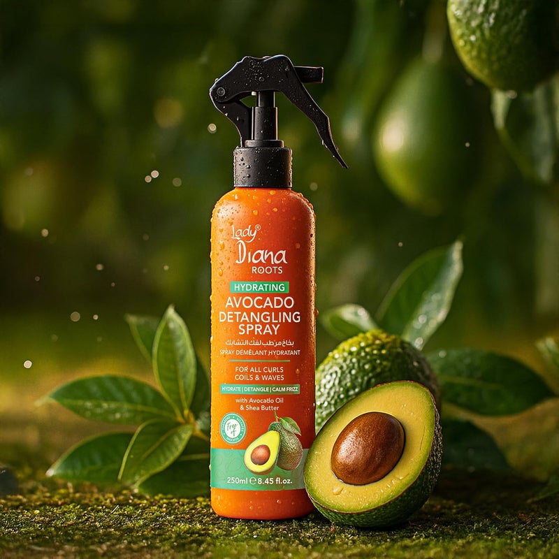 Lady Diana Roots Hydrating Avocado & Shea Butter Detangling Spray 250ml - Nourishing Leave-In Conditioner for Curly, Coily, and Wavy Hair - Image 2