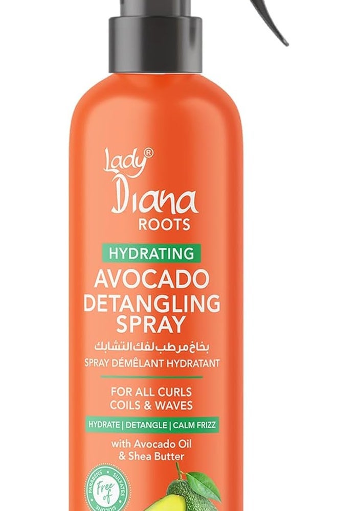 Lady Diana Roots Hydrating Avocado & Shea Butter Detangling Spray 250ml - Nourishing Leave-In Conditioner for Curly, Coily, and Wavy Hair - Image 1