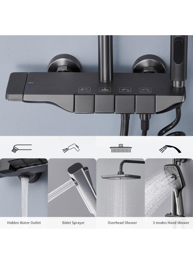 YelaJoy Shower System Thermostatic, 4-in-1 Control System, Piano Key Wall-Mounted Shower Set, with 12" Shower Head, 3 Function Hand Shower, Bath Mixers and Bidet Sprayers Brass Body（Gun Gray）  - Image 3