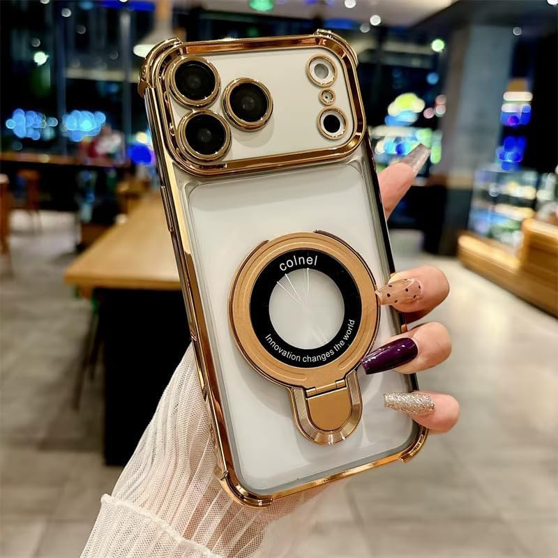 The AutoStory AutoStory Anti-Drop TPU Shock-Absorbing Transparent Phone Case 360° Rotatable Invisible Magnetic O-Ring Stand Camera Protector, Full Camera Lens Protection Case for iPhone 17 Pro 6.3" (Gold Color) - Image 1