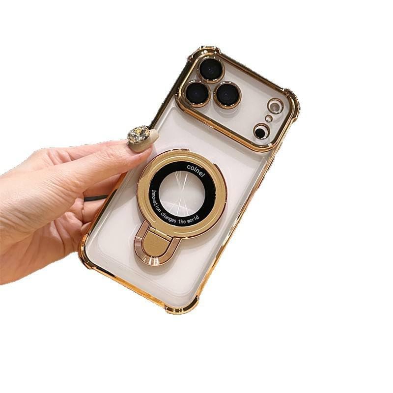 The AutoStory AutoStory Anti-Drop TPU Shock-Absorbing Transparent Phone Case 360° Rotatable Invisible Magnetic O-Ring Stand Camera Protector, Full Camera Lens Protection Case for iPhone 17 Pro 6.3" (Gold Color) - Image 2
