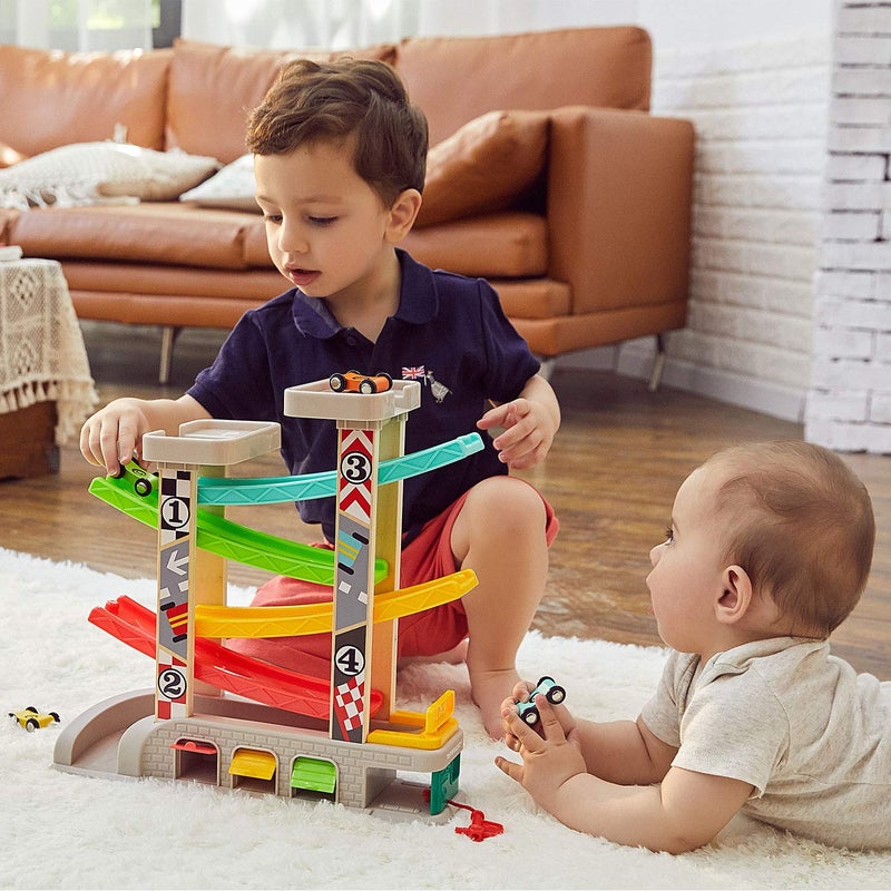 TOP BRIGHT Car Ramp Toy for 2 3 Year Old Boy Gifts, Toddler Race Track Toy for 18 Month Old with 4 Wooden Cars and 3 Car Garage - Image 2