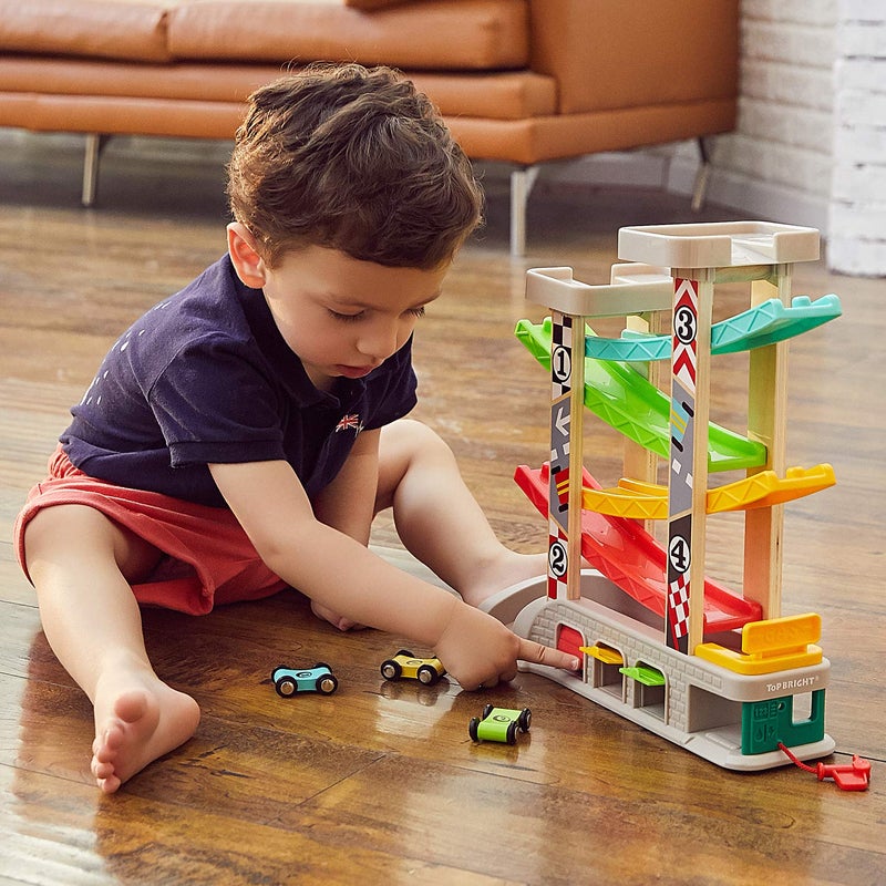 TOP BRIGHT Car Ramp Toy for 2 3 Year Old Boy Gifts, Toddler Race Track Toy for 18 Month Old with 4 Wooden Cars and 3 Car Garage - Image 3