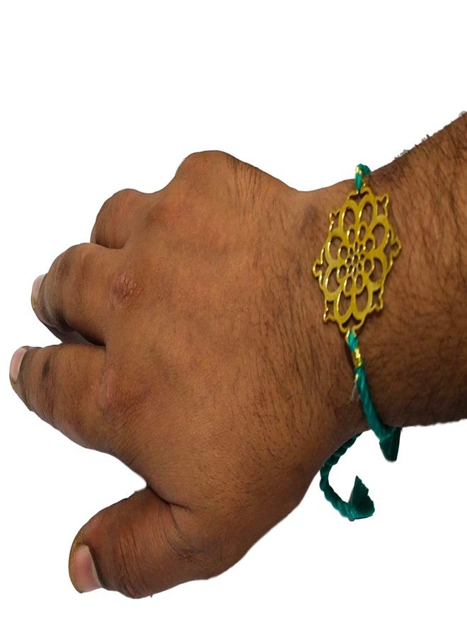 athizay Brass Rakhi for Brothers with Cotton Thread Cutwork Golden dial Having Chakra Inspired Thread for Bhaiya Rakhis Rakshabandhan tie The Knot with Love (Turquoise Green, Gold) - Image 2