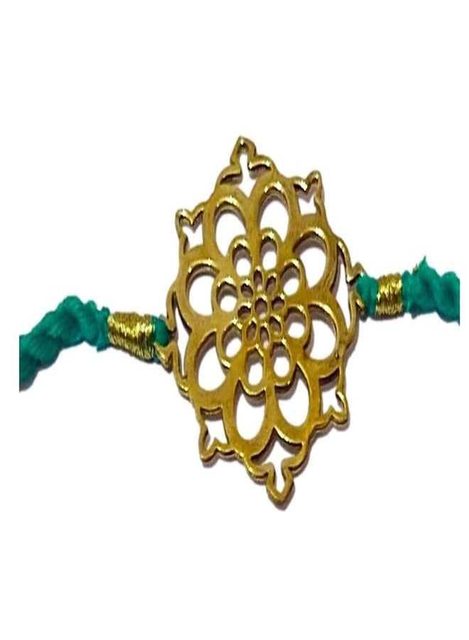 athizay Brass Rakhi for Brothers with Cotton Thread Cutwork Golden dial Having Chakra Inspired Thread for Bhaiya Rakhis Rakshabandhan tie The Knot with Love (Turquoise Green, Gold) - Image 3