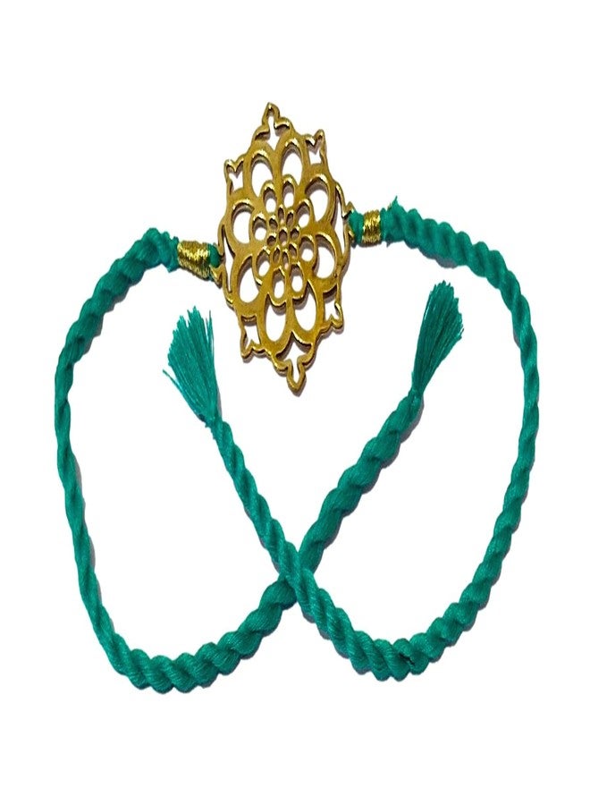 athizay Brass Rakhi for Brothers with Cotton Thread Cutwork Golden dial Having Chakra Inspired Thread for Bhaiya Rakhis Rakshabandhan tie The Knot with Love (Turquoise Green, Gold) - Image 1