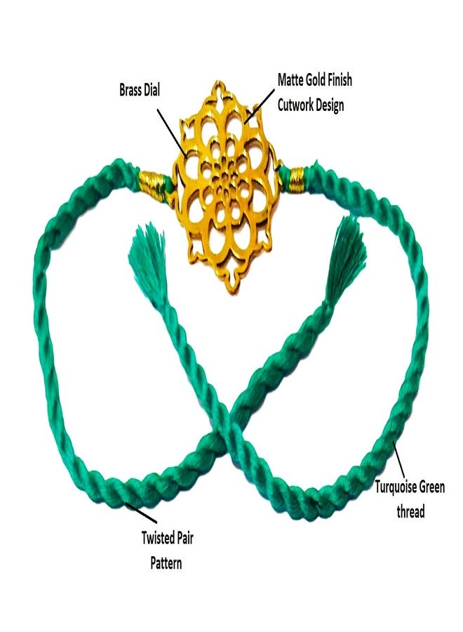 athizay Brass Rakhi for Brothers with Cotton Thread Cutwork Golden dial Having Chakra Inspired Thread for Bhaiya Rakhis Rakshabandhan tie The Knot with Love (Turquoise Green, Gold) - Image 4
