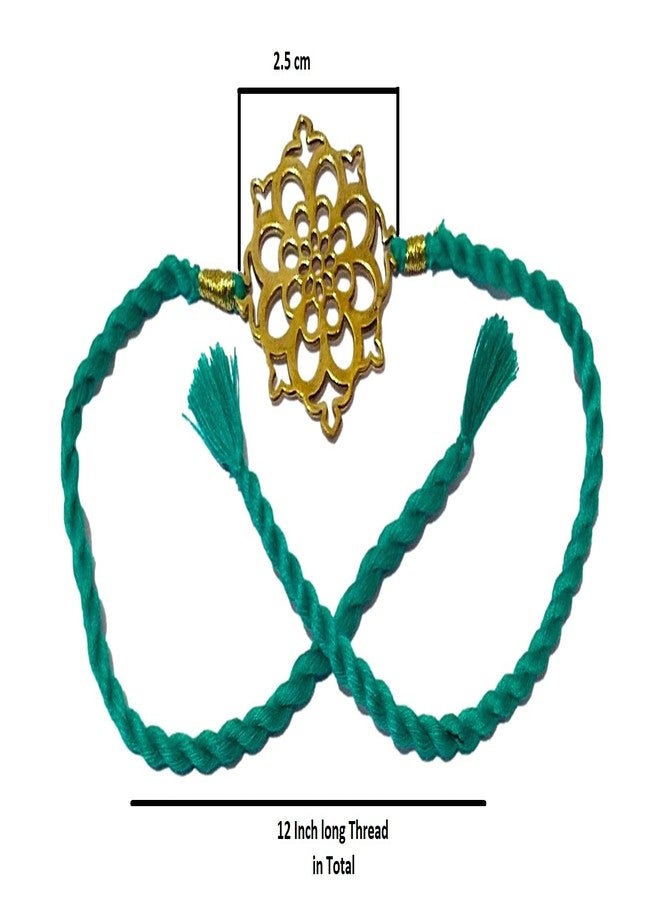 athizay Brass Rakhi for Brothers with Cotton Thread Cutwork Golden dial Having Chakra Inspired Thread for Bhaiya Rakhis Rakshabandhan tie The Knot with Love (Turquoise Green, Gold) - Image 5