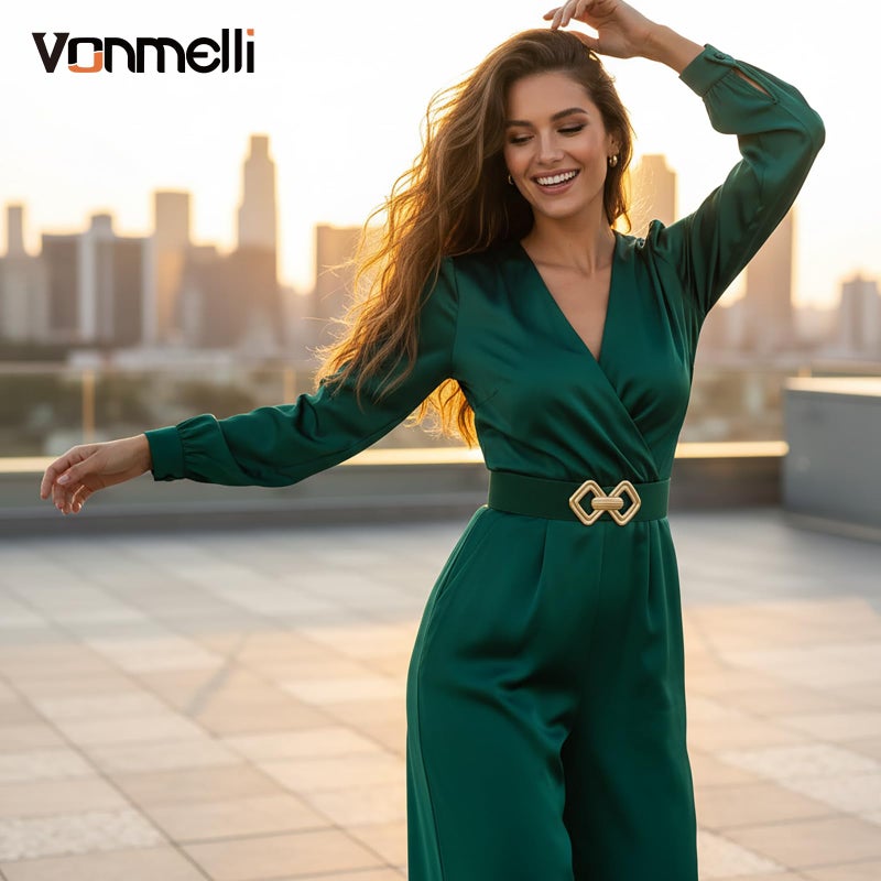 VONMELLI Women Wide Elastic Belt Vintage Stretchy Waistband with Retro Gold Buckle for Dresses Green M - Image 3