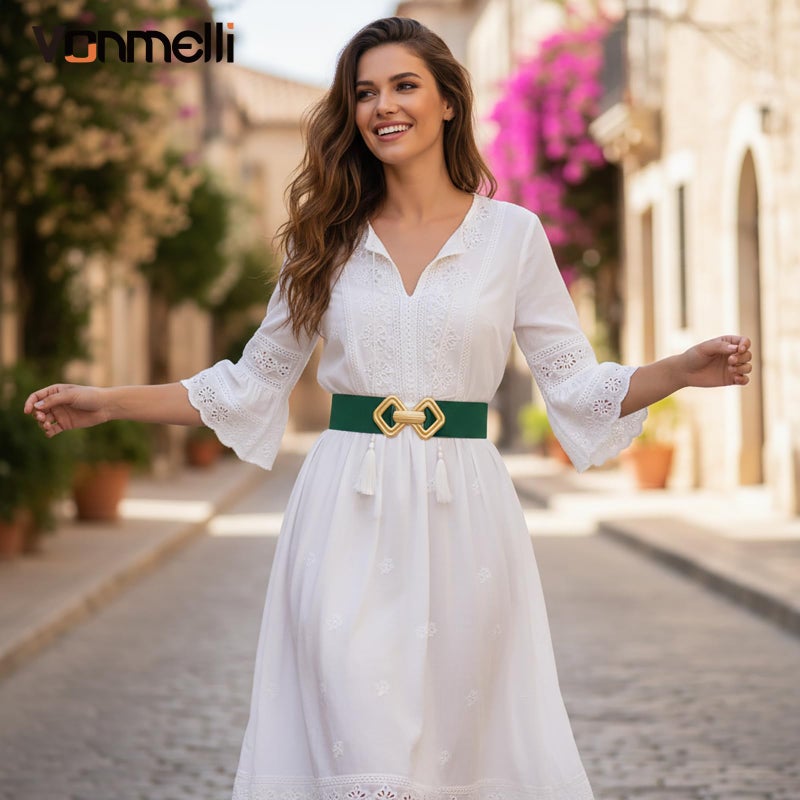 VONMELLI Women Wide Elastic Belt Vintage Stretchy Waistband with Retro Gold Buckle for Dresses Green M - Image 2