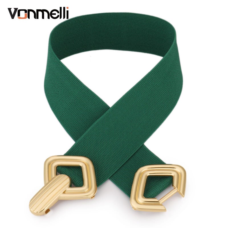 VONMELLI Women Wide Elastic Belt Vintage Stretchy Waistband with Retro Gold Buckle for Dresses Green M - Image 5