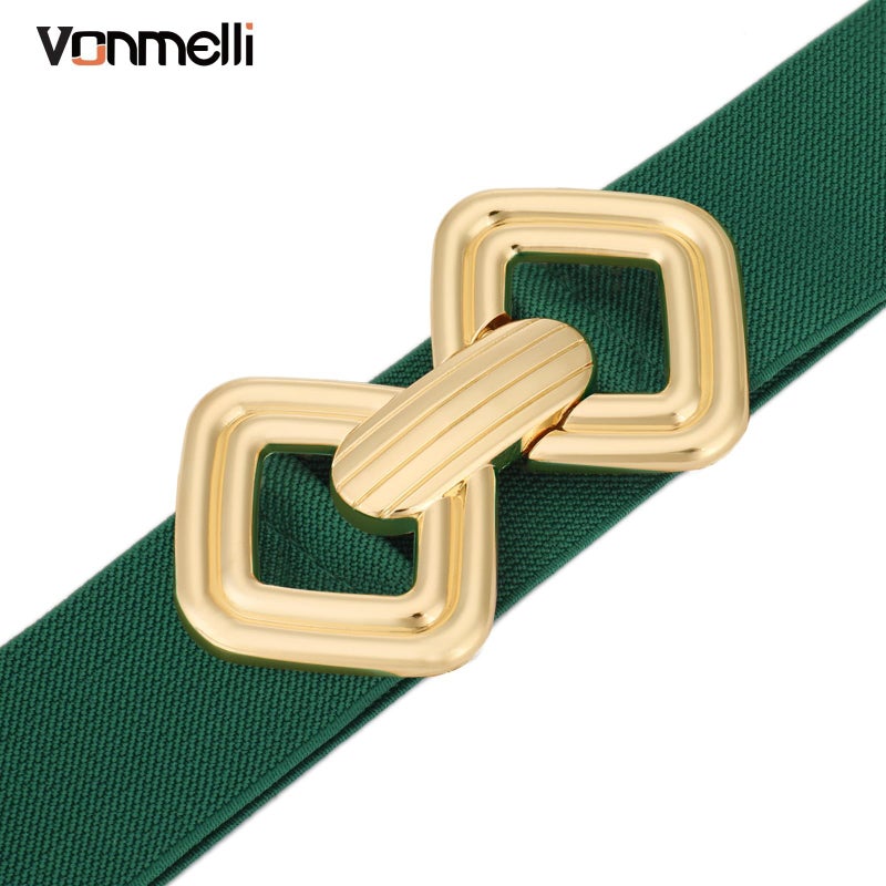 VONMELLI Women Wide Elastic Belt Vintage Stretchy Waistband with Retro Gold Buckle for Dresses Green M - Image 4