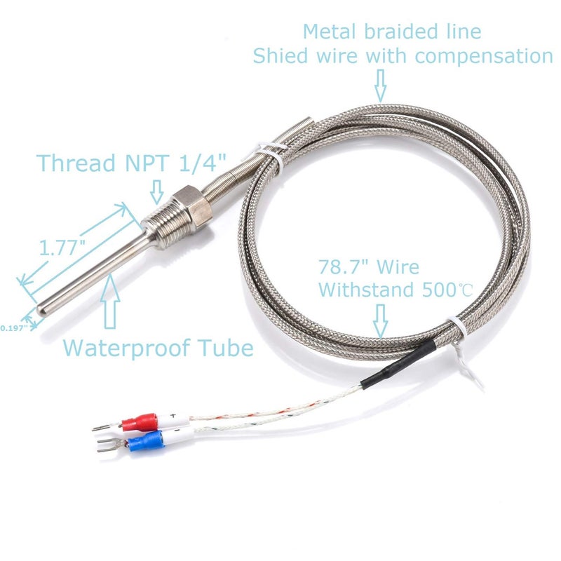 Jaybva Waterproof K Type Grounded Thermocouple - Jaybva Temperature Sensor Probe for PID Temperature Controller Two Wire Stainless Steel NPT 1/4 inch Pipe Thread 0~500â„ƒ with 2m Insulation Lead Shield Wire - Image 5