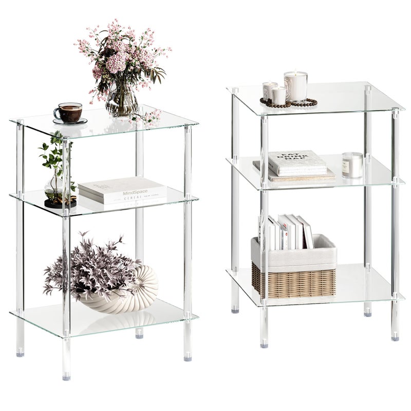 IRCPEN Tempered Glass Side Tables Set of 2 Acrylic End Table with 3 Storage Shelve transparent Bedside simplicity clear 3-Tier Nightstands small Spaces Office Bedroom Living Room Study Transparent ET-008TR3T - Image 1