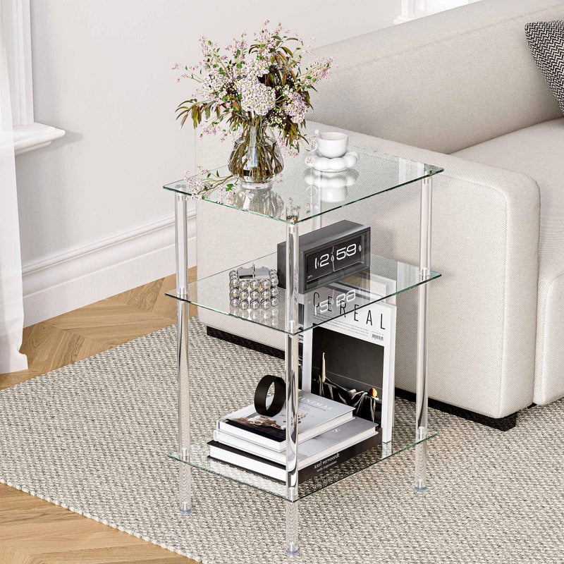 IRCPEN Tempered Glass Side Tables Set of 2 Acrylic End Table with 3 Storage Shelve transparent Bedside simplicity clear 3-Tier Nightstands small Spaces Office Bedroom Living Room Study Transparent ET-008TR3T - Image 5