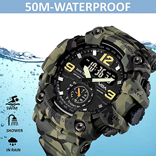 V2A Resin Army Camouflage 50M Waterproof Analog Digital Sport Watch For Men With 3 Time Function, Green Dial, Green Band - Image 5