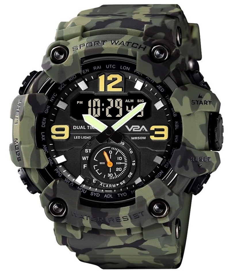 V2A Resin Army Camouflage 50M Waterproof Analog Digital Sport Watch For Men With 3 Time Function, Green Dial, Green Band - Image 2