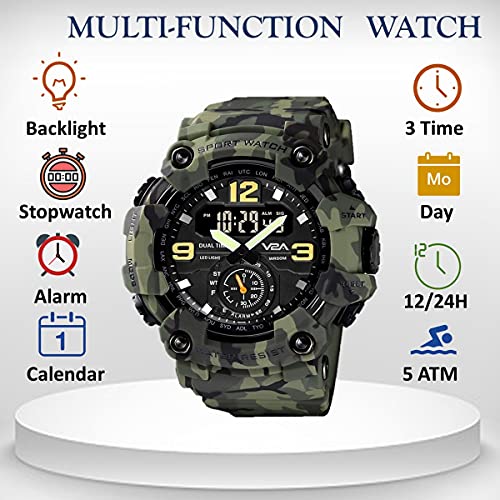 V2A Resin Army Camouflage 50M Waterproof Analog Digital Sport Watch For Men With 3 Time Function, Green Dial, Green Band - Image 4