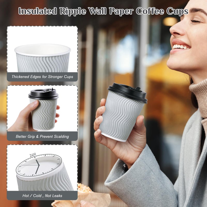 MUCHII 16 oz Disposable Coffee Cups  80 Count Silver Grey Insulated Ripple To Go Cups With Lids and Straws for Tea  Hot Chocolate  and Drinks - Image 5