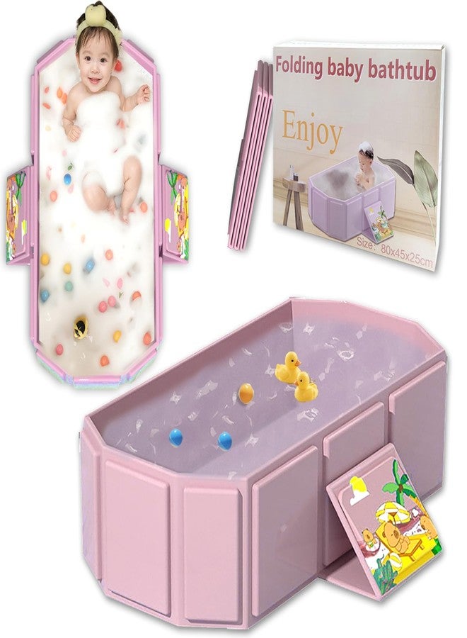 حوض استحمام قابل للطي للأطفال، صينية دش محمولة مانعة للانزلاق للأطفال، حوض استحمام للأطفال الصغار مع سدادة تصريف، مسبح مائي للحمام للأولاد والبنات، حوض استحمام لغسل الحيوانات الأليفة (وردي) - Image 1