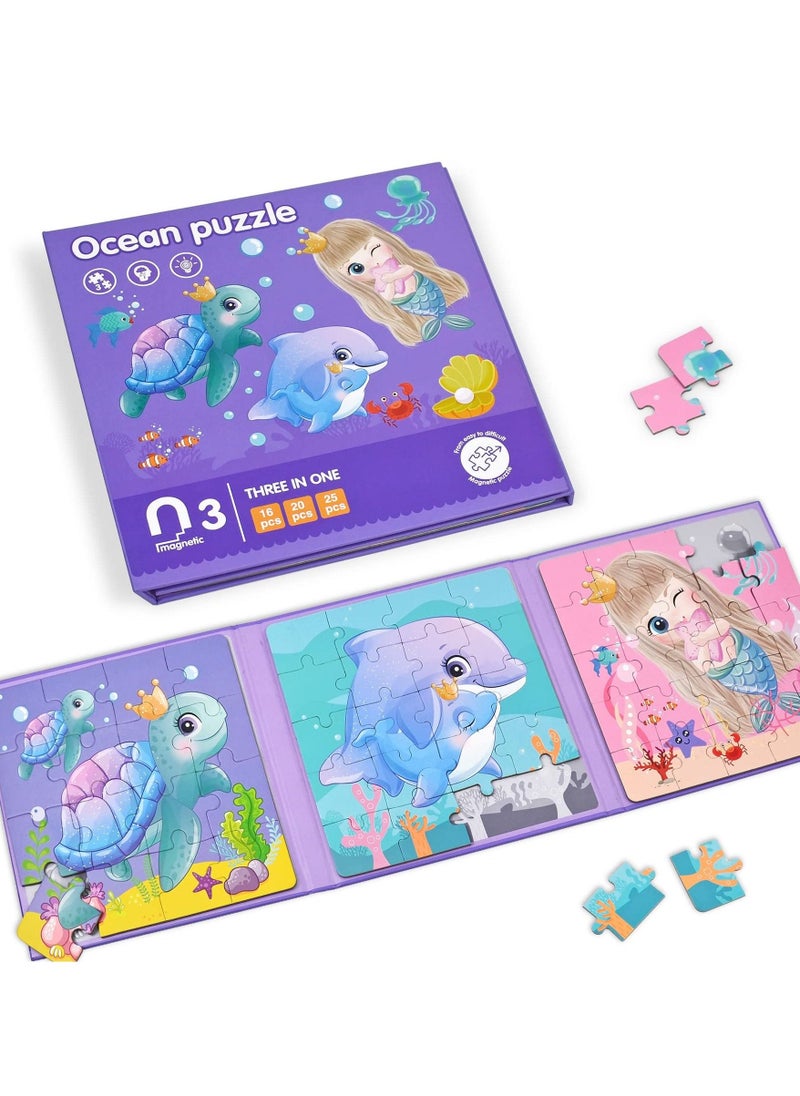 Magnetic Puzzles for Kids, 3 in 1 Jigsaw Puzzles for Toddlers Portable Travel Magnetic Puzzles for Kids 3-5 Years Old Ocean Mermaid Puzzles - Image 1