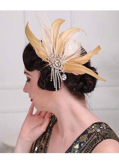Aimimier 1920s Flapper Feather Hair Clip Crystal Tassel Roaring 20s Yellow Feather Headpiece Masquerade Hair Accessories for Women and Girls