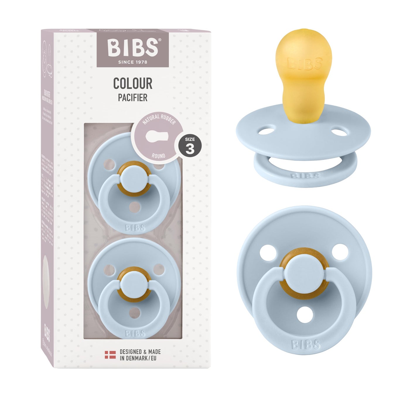 Ana Baby BIBS Colour Soother 2-Pack, BPA Free Dummy Pacifier, Round Nipple. Natural Rubber Latex, Made in Denmark, Size 3 (18+ Months), Baby Blue