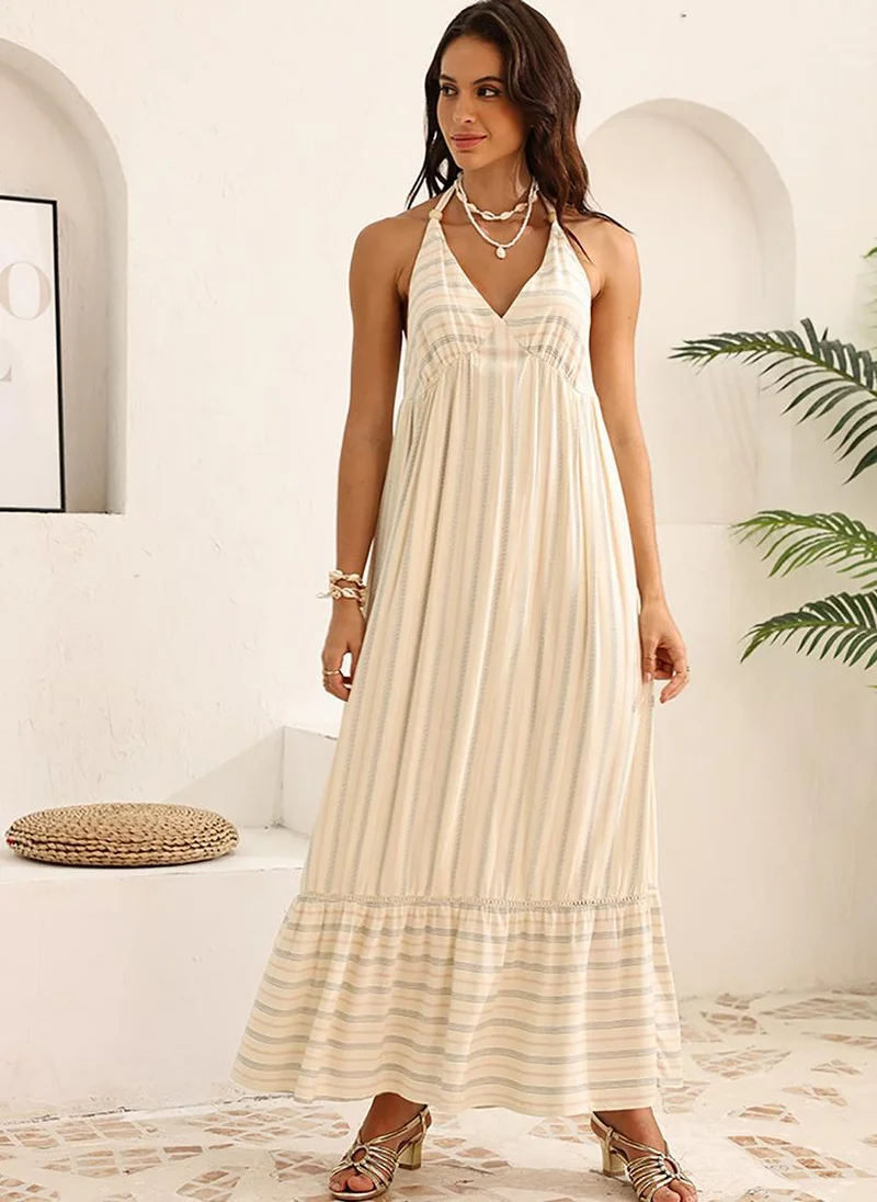 YUNIQEE Off White Fit and Flare Halter Neck Maxi Dress