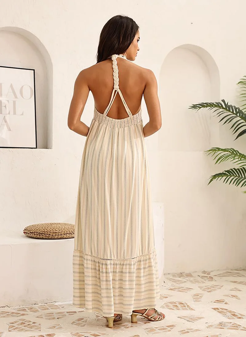 YUNIQEE Off White Fit and Flare Halter Neck Maxi Dress