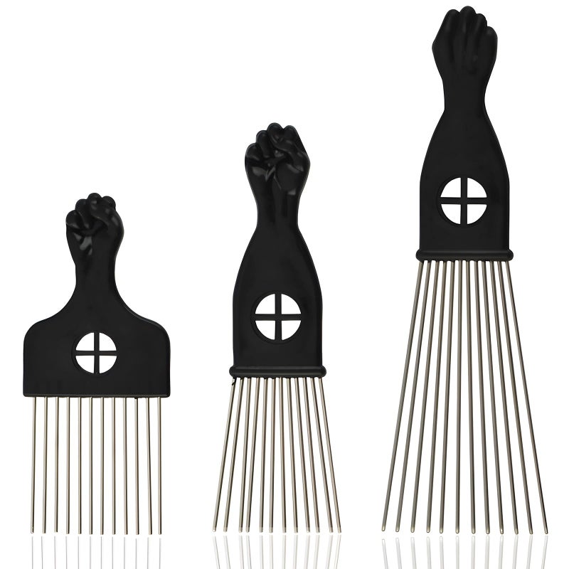 Kootinn 3-Piece Stainless Steel Afro Hair Pick Set, Fist Design for Men & Women, Perfect for Natural Curly Afro Hair, Essential Hairdressing Styling Tool - Image 1