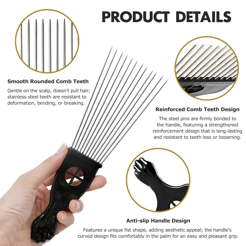 Kootinn 3-Piece Stainless Steel Afro Hair Pick Set, Fist Design for Men & Women, Perfect for Natural Curly Afro Hair, Essential Hairdressing Styling Tool - Image 5