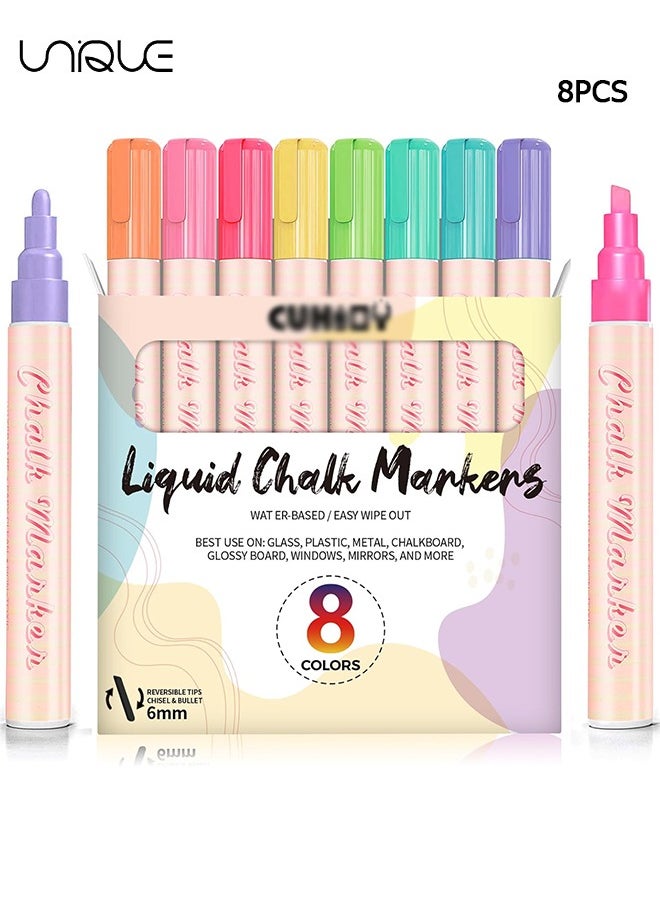 Unique Pastel Chalk Markers for Blackboard, 8 Color Liquid Dry Erase Marker for Chalkboard, Erasable 6mm Reversible Tip Drawing Chalk for Display DIY Glass Kids Painting - Gifts for Artists  - Image 1