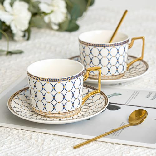 CwlwGO- European Bone China Tea Cup Sets Of 2,Elegance Blue and White Ceramic Cup and Saucers, For Women Tea Parties or Gifts Giving. - Image 1