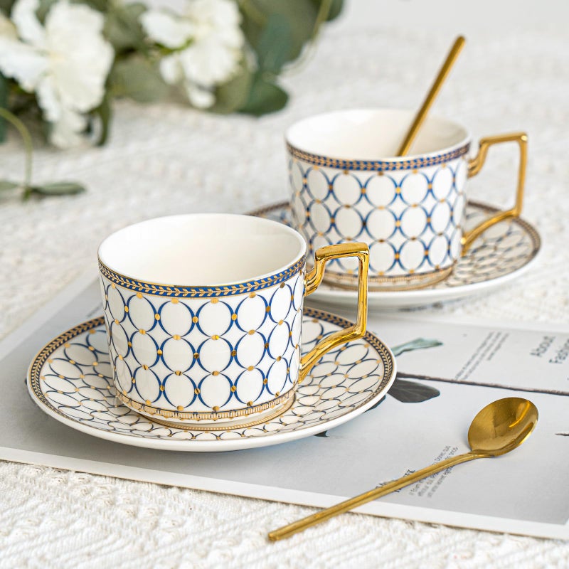 CwlwGO- European Bone China Tea Cup Sets Of 2,Elegance Blue and White Ceramic Cup and Saucers, For Women Tea Parties or Gifts Giving. - Image 3