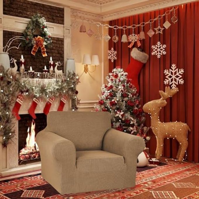 KEKUOU Stretch Single Sofa Slipcover 1 Piece Couch Sofa Cover (31"-55") Furniture Protector 1 Seater Sofa with Elastic Bottom for Kids,Pet.Jacquard Small Checked Pattern Fabric(Small,Camel) - Image 5