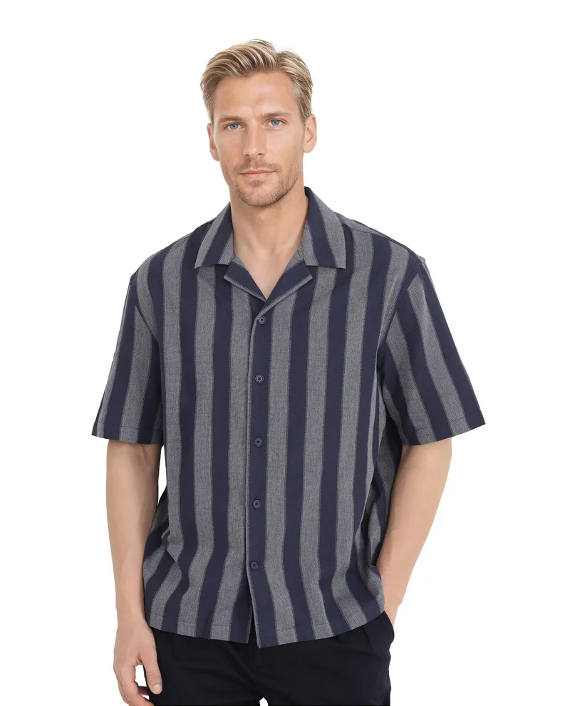 Rare Rabbit Men's Cuban Collared Striped Boxy Fit Shirt