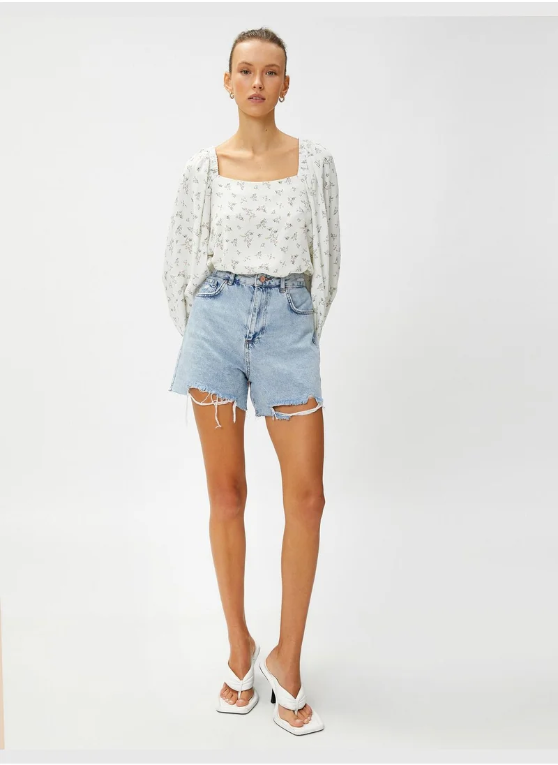 KOTON Floral Blouse Square Neck Puff Sleeve