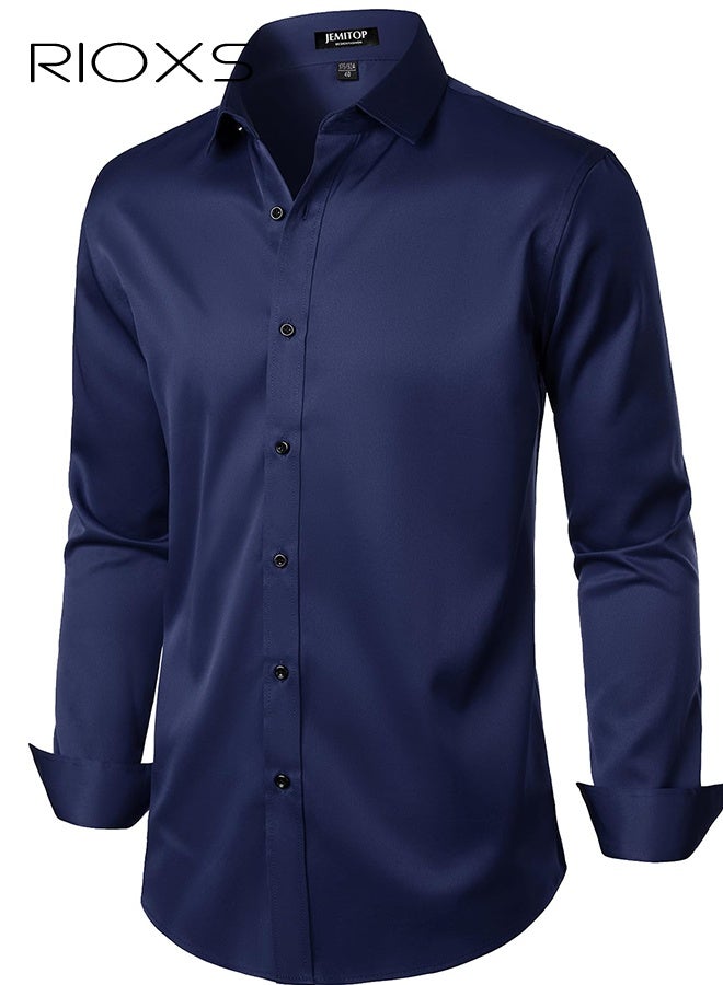 RIOXS Men's Navy Blue Shirt, Slim Fit Business Formal Shirt, Long Sleeve Polyester Office Shirt, Solid Color Button Down Shirt with Spread Collar, Professional Work Shirt for Men, Spring Autumn Essential Business Attire​ - Image 4