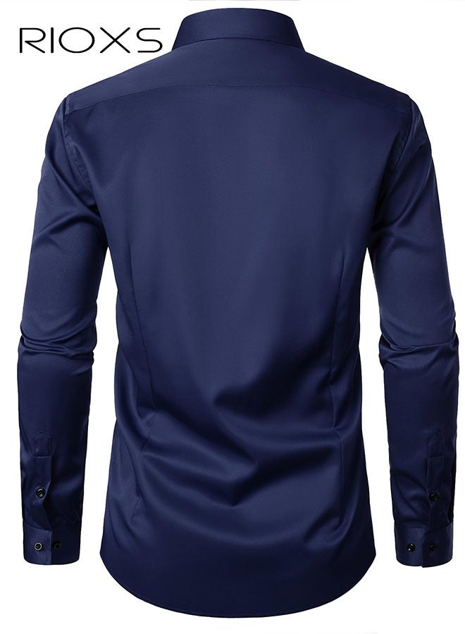 RIOXS Men's Navy Blue Shirt, Slim Fit Business Formal Shirt, Long Sleeve Polyester Office Shirt, Solid Color Button Down Shirt with Spread Collar, Professional Work Shirt for Men, Spring Autumn Essential Business Attire​ - Image 2