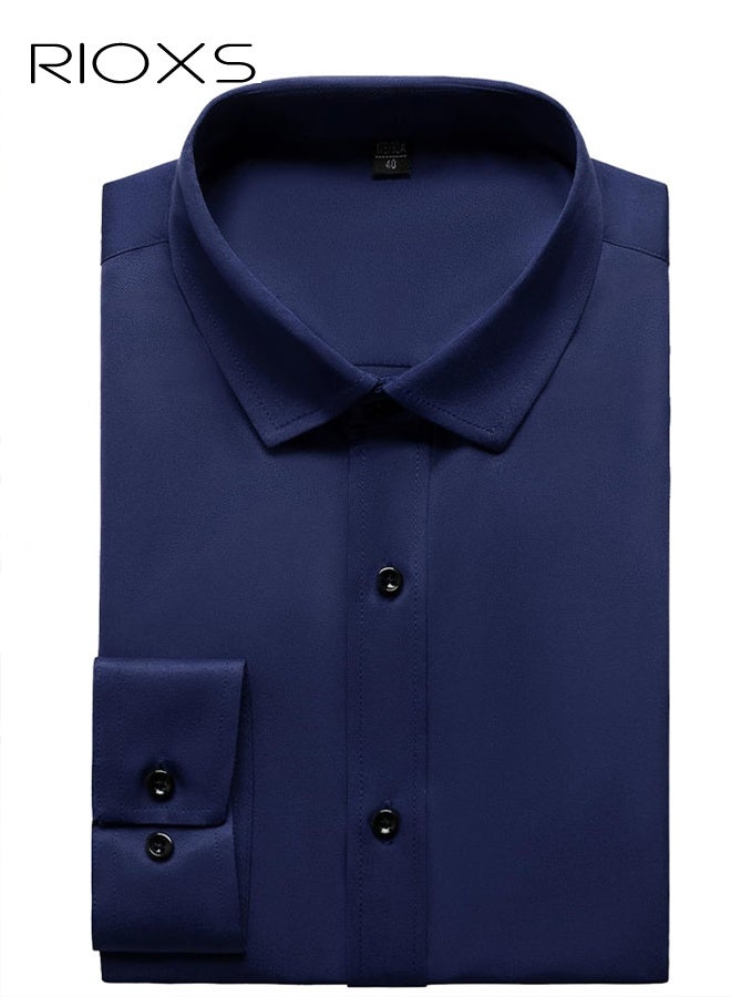RIOXS Men's Navy Blue Shirt, Slim Fit Business Formal Shirt, Long Sleeve Polyester Office Shirt, Solid Color Button Down Shirt with Spread Collar, Professional Work Shirt for Men, Spring Autumn Essential Business Attire​ - Image 3